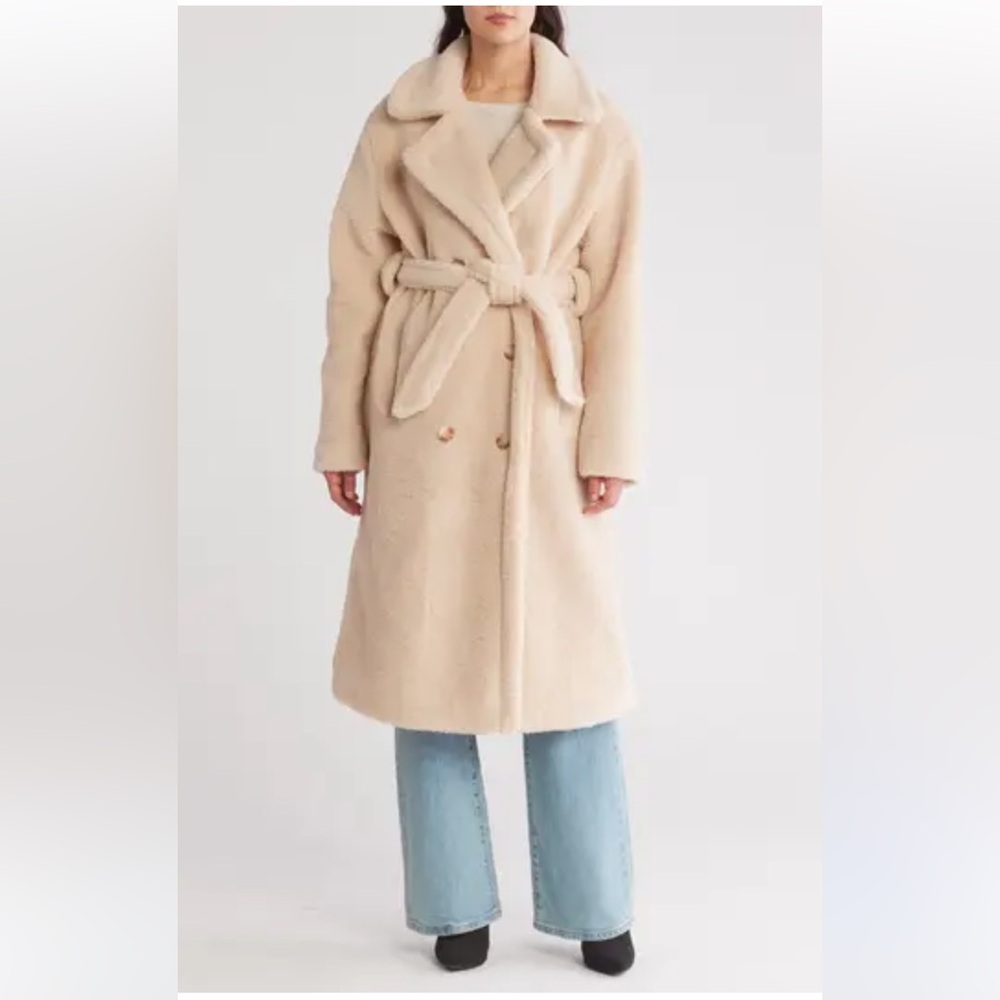 BLANKNYC Women’s Neutral Oat Button Tie Double Breasted Peacoat Coat Jacket